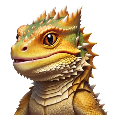 Cinematic Noble Bearded Dragon Portrait Emoji, Poised and regal, with a robust, angular build and a textured, scaled hide in earthy olive and sandy tones, a prominent spiky 'beard' beneath its chin and a keen, alert gaze, Simplified yet sharp and sophisticated features, highly detailed, glowing with a soft, dignified glow, high shine, intelligent and fierce, stylized with an air of desert majesty, focused and attentive, soft glowing outline, capturing the essence of a watchful and commanding reptile, so majestic it feels as though it could scuttle out of the screen with effortless authority! sticker