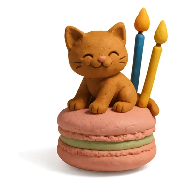 kitten riding giant macaron with candles, claymation style sticker
