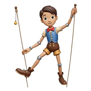 3D render of Pinocchio Boy as a wooden marionette puppet, Long nose, wood grain skin, strings, silver metal screw joints at elbows and knees, polished brown wood texture, rigid toy pose, Apple emoji style, isolated on white background --v 6.0. sticker