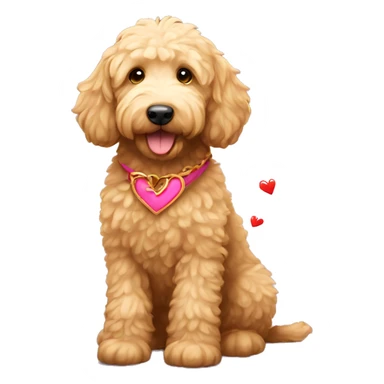 Golden doodle holding a heart sticker