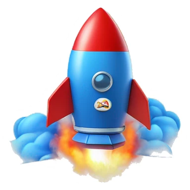 A blue and red rocket ship launching out of a cardboard box, with smoke and flames coming from the rocket's engines sticker