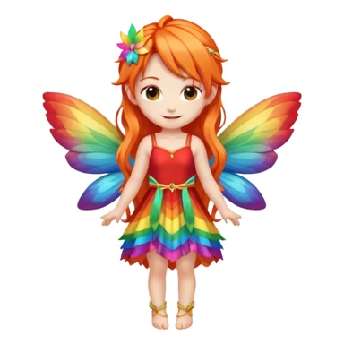 fairy with long orange hair, rainbow wings, red dress, happy, chibi full body sticker