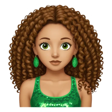 Melanie Brown with long brown curly hair, green sequin crop top, brown eye sticker