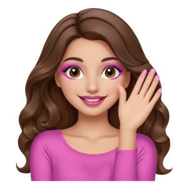 girl with long wavy brown hair, brown eyes, long lashes, makeup, sexy pink lips, light to medium complexion, wearing a pink sexy top, smiling, hands covering over the eyes sticker