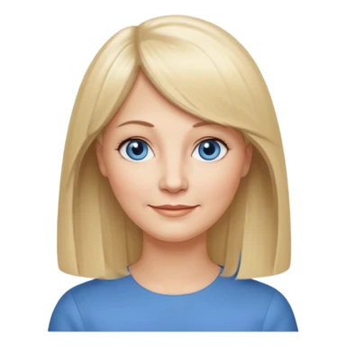 50 yr old white woman, center part bangs, very long straight blond hair, oval face, small smile, blue eyes, thin face, hair downback, hair parted at center of head, round cheeks, pale, longer hair sticker