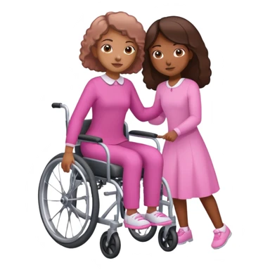 One tan skin sister standing behind her brown skin sister in a pink wheelchair sticker