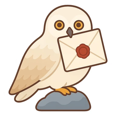 Cute snowy owl holding a letter in its beak, in Color Filled icon style with no outlines, clear shadows and highlights, simple and charming, no background. sticker