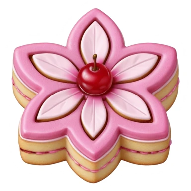 Realistic shortbread cookie in the shape of a cherry blossom with pale pink color jelly middle filling and sprinkled powder sugar on top. sticker