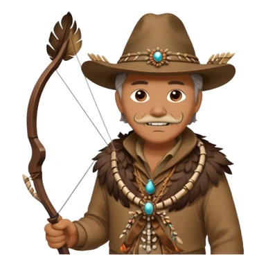 The classic image of a middle-aged uncle hunter carrying a bow, dressed in brown clothes, with some ornaments made of feathers, bones or teeth on his body. sticker