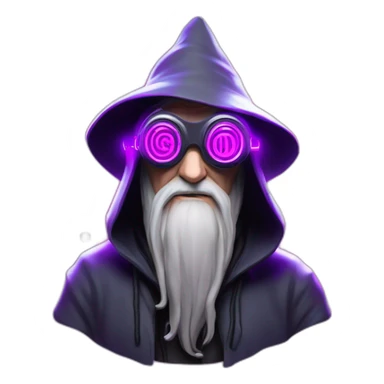 Gandalf wearing a black hoodie with "OMG" letters on it and VR headset in a cyberpunk VR environment with violet neon lighting. sticker
