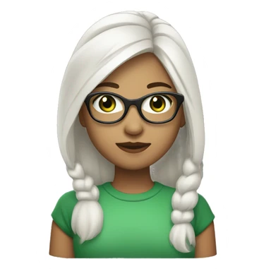 Girl with silver glasses, green eyes, shoulder light hair left side being white and right side being black sticker
