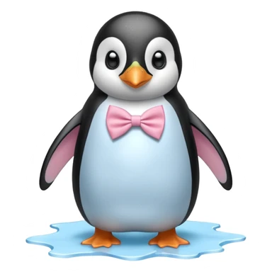 penguin, pink bow tie, standing on small ice melting sticker