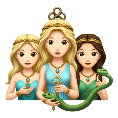 Three goddesses. one with a snake facing right,  one with a key facing left, one in the center with a key sticker