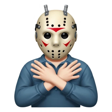 a cartoon image of Jason Voorhees, looking cute, with his hands clasped in front of him, at a sideways angle, looks like he is in love sticker