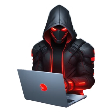 developer behind his laptop with this style : crysis Cyberpunk Riot Games Valorant neon glowing bright red character red dark black hooded assassin themed character sticker