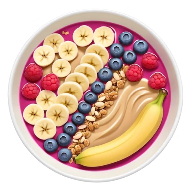 smoothie bowl with bananas, raspberries, blueberries, granola and peanut butter sticker