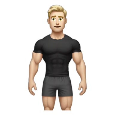 Confused Pale skinned Fit Man With the biceps and dark brown hair in black shirt, gray sports shorts and white Sneakers sticker