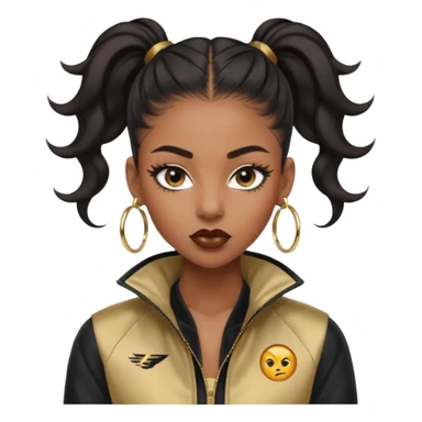 “black Emoji girl, fierce confident expression, sharp black winged eyeliner, bold brows, matte nude lips, long curled lashes, sleek high ponytail, gold hoop earrings, sporty streetwear jacket.” sticker