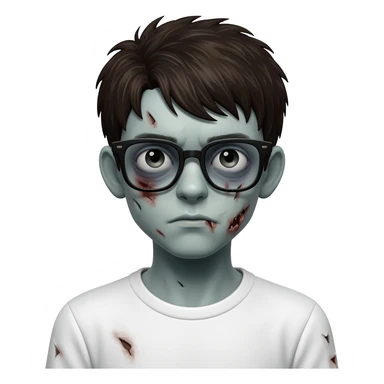 zombie boy with white tshirt and black brownish hair and with black glasses frames on hair is texturized sticker