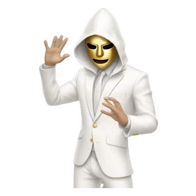 White suit white hood Guy with gold Mask raising his right hand and looking down sticker