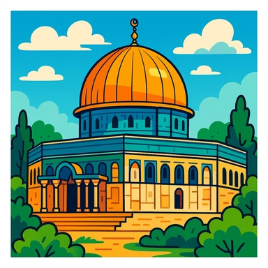 Al-Aqsa Mosque in Palestine, detailed illustration, iconic golden dome, historic architecture, lush greenery, clear sky, vibrant colors sticker