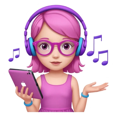 Little girl with purple headphones when pink eyes and pink iPad and pink dreamy background and rose colored glasses and blue music notes around her and pink dress sticker