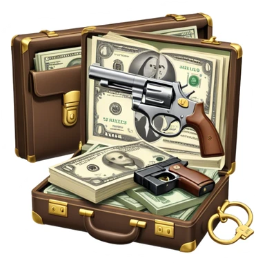 Icon for Action & Crime Reading: an open book, action-packed scenes, featuring a gun, handcuffs, a detective's badge and a briefcase with money. The icon should capture the tension and excitement of crime and action stories. Transparent background. sticker