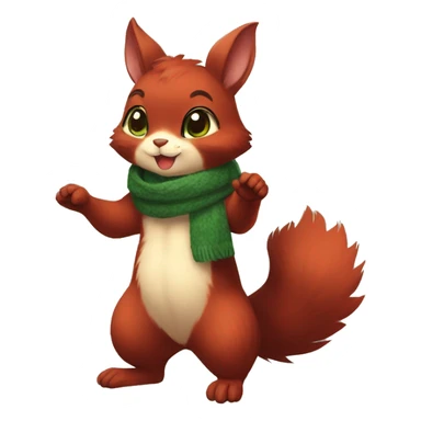 Cute, Chibi, chubby, fluffy, Kemono-style, Anthro, Fur-Sona, Dark-Red, Squirrel-Rabbit-hybrid-Fakémon, with a green scarf, full body sticker
