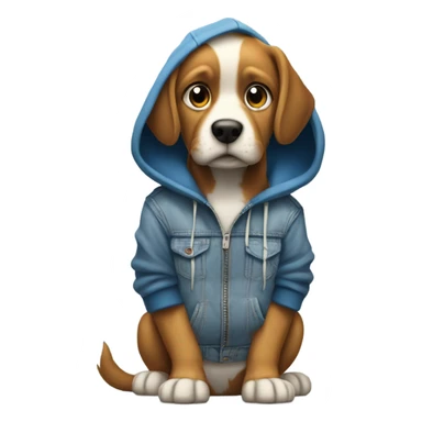 Dog with a human face, with a hoodie on, with hands in pockets with smirk, standing up, jeans, tennis shoes sticker