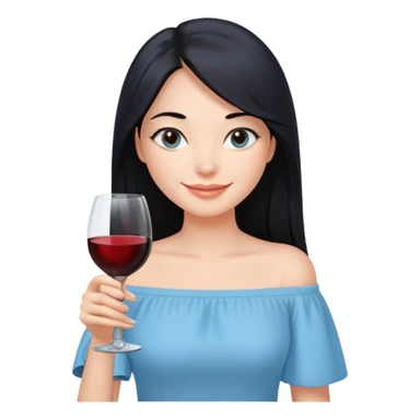 cewe ramah Kulit putih bersih, rambut hitam panjang sleek lurus. Pakai atasan biru muda off the shoulder . Pose tangan pegng wine, tatapan senyum percaya diri. viber girls boss sticker