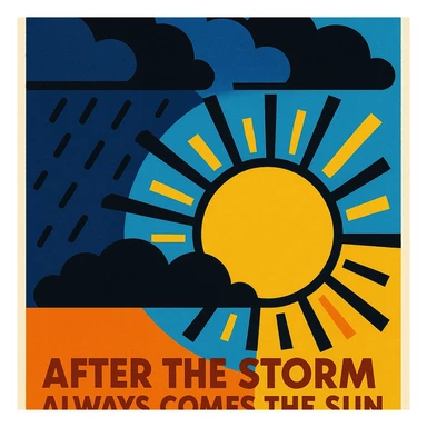 illustration representing the saying 'after the storm always comes the sun', showing dark clouds and a bright sun emerging, vibrant and optimistic style sticker
