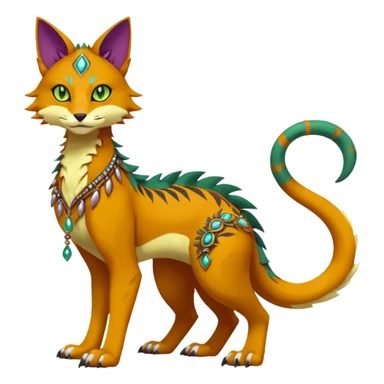 Kawaii cute reddish orangish yellowish greenish purplish exotic tribal beautiful pretty elegant divine edgy feline-vernid-sergal-Fakémon-Pokémon-Digimon-fursona-animal-creature with accessories, jewelries, full body, with intricate detailed markings sticker