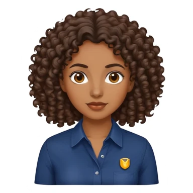 brown skin woman with dark brown curly hair wearing a navy blue shirt sticker