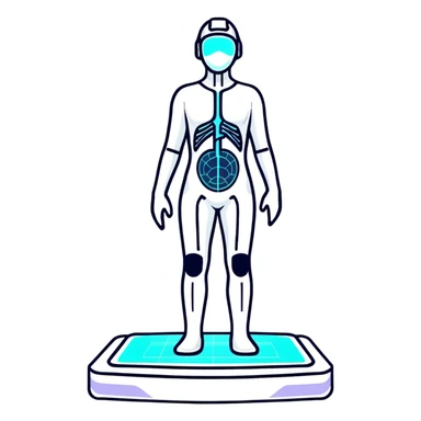 3D holographic full body scan with glowing grid lines, futuristic medical technology sticker