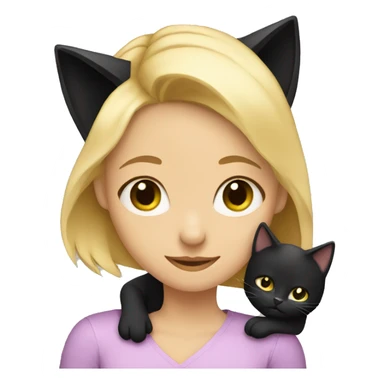 Blonde girl hugging black cat, which one ear a little smaller than another ear sticker