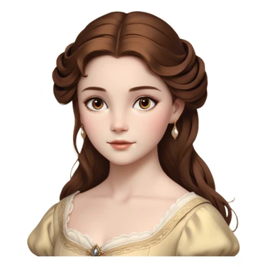 Cinematic Realistic Belle Portrait, depicted with lifelike skin texture, soft natural lighting, and intricately detailed brown hair styled elegantly. Her deep, expressive eyes exude warmth and intelligence, complemented by a serene and graceful expression. She is dressed in her classic attire, with rich fabric textures and delicate folds that catch the light beautifully. The portrait features a soft, enchanting glow with a natural, radiant finish, capturing the essence of timeless beauty in a realistic and painterly style, evoking a sense of depth and authenticity. sticker