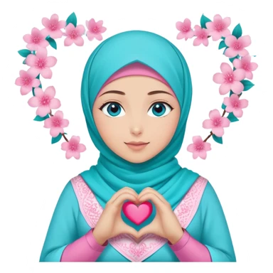 Turkish beautiful finish Konya girl blue eyes with light turquoise sakura and pink hijab islamic dress and making heart with hands and with thank you text sticker