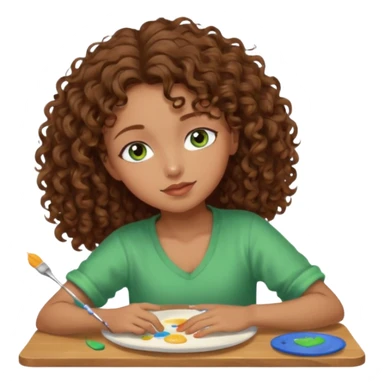 Brown curly hair girl blue green eyes painting sleeping eating dancing listening to misic sticker