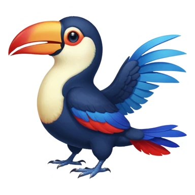 Blue tropical toucan-fakemon-bird, with red long beak, with a short blue lizard-tail curled inwards, Genshin Impact’s Dusk Bird sticker