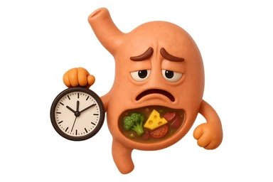 EMOJI STILE IPHONE 3D DI UNo stomaco umano con espressione dolornate, ha del cibo visibile dentro che non sta digerendo. in mano tiene un orologio da muro, iperrealistico 4k sticker