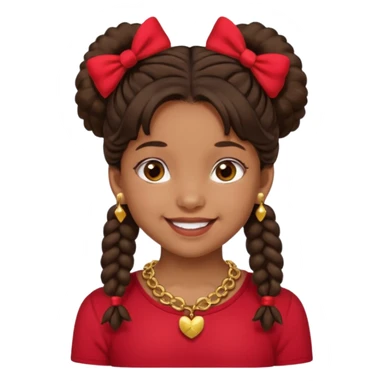 Brownskin girl dark brown hair fluffy. pigtails with red bows brown eyes smiling closed mouth red shirt gold esrrings gold necklace sticker
