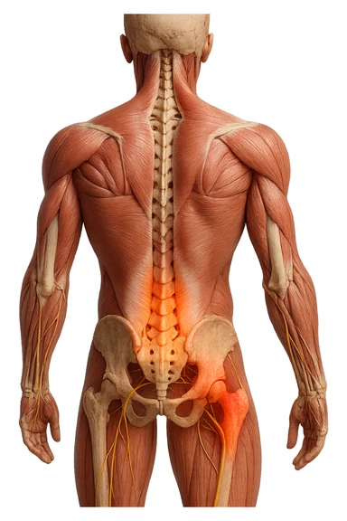 CORPO UMANO ANATOMICO REALISTICO DI SPALLE CON DOLORE ALLA LOMBARE INFIAMMATA, DOLORE ALL'ANCA, IPERREALISTICO 4K sticker