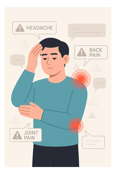 uomo che ignora i suoi un mal di testa, mal di schiena e dolore articolare e ignora ogni segnale e messaggio che il corpo manda per avvertirlo sticker