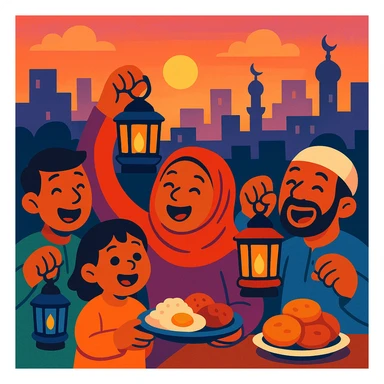 group of happy people with lanterns and food, waking up for sahur, city skyline at dawn, warm inviting cartoon style sticker