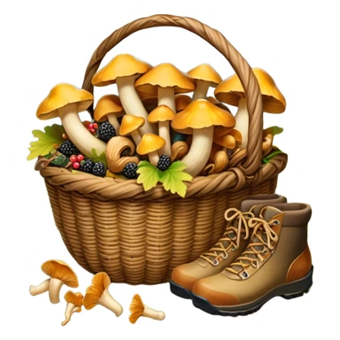 Icon for Mushroom and Berry Tourism: a basket filled with mushrooms chanterelles, boletus and aspen and berries, surrounded by forest elements like trees, leaves and a hiking boots. The icon should capture the joy of foraging in nature. Transparent background. sticker