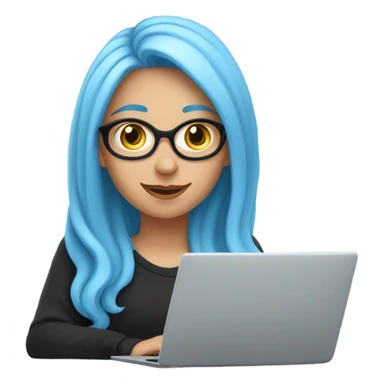 a white girl with long blue hair in a black sweatshirt is sitting at a laptop sticker