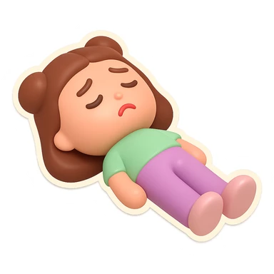 Create a vinyl figure style sticker of the girl from the reference image, lying on her back on the ground, looking sad, with a 'not alone' vibe. sticker