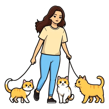 Kendall Jenner with long brown hair walking a golden retriever dog and three cats, two cream colored cats and one white and blue cat sticker