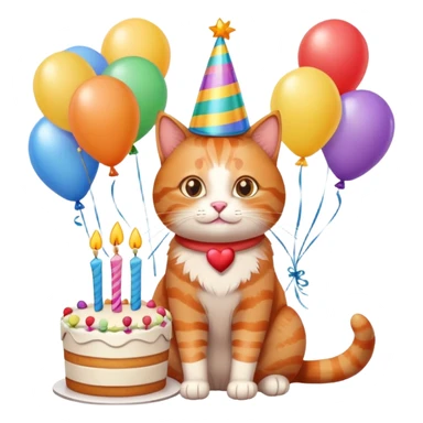 Ginger cat celebrates birthday, birthday hat, birthday cake, balloons, happy, gifts sticker