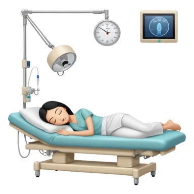 A female patient with black hair lying on an examination bed, head on a pillow and eyes closed, shown in a wide, full-body view in a clean colonoscopy procedure room. No medical staff visible. sticker